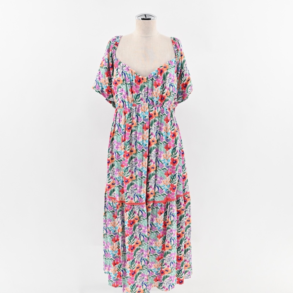 LOST WANDER Dress Size 1X Multicolor Floral Print Puff Sleeve Sweetheart Midi‎